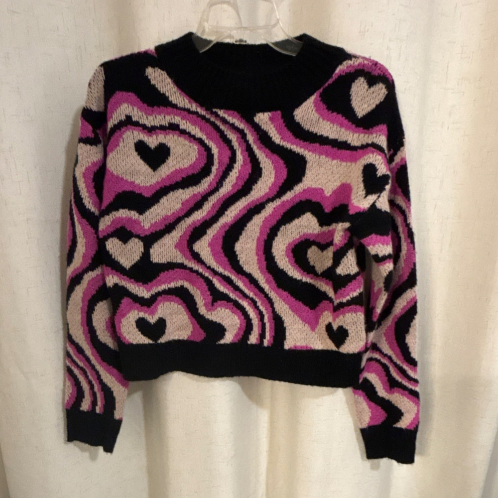 Heart Retro Knit Pullover Sweater Pink Black Beige Crew Neck Long Sleeve Women